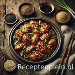 Kip met sesamzaadjes op rustieke houten tafel