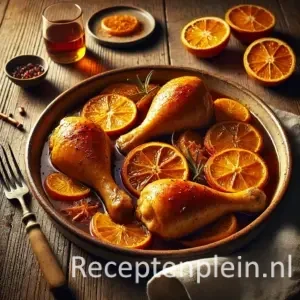 Kip met sherry en sinaasappel op rustieke houten tafel