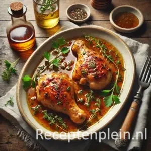 Kip met sherryazijn en dragon op rustieke houten tafel