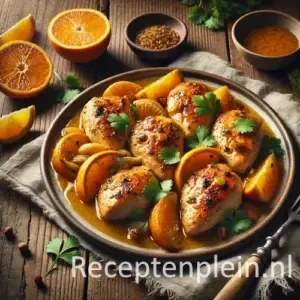 Kip met sinaasappel en koriander in saus op rustieke houten tafel.
