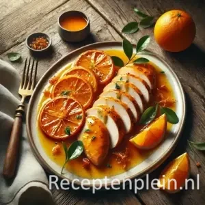 Kip met sinaasappelsaus op rustieke houten tafel