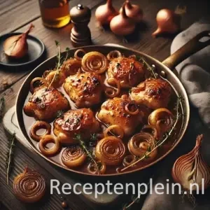 Kip met sjalotjes op rustieke houten tafel