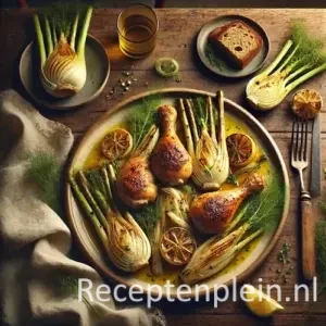 Kip met venkel op rustieke houten tafel