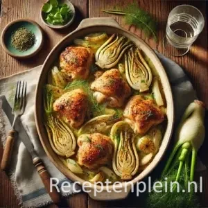 Kip met venkel en dragon op rustieke houten tafel