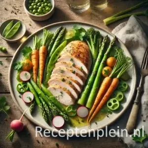 Kip met verse kruiden en appel op rustieke houten tafel
