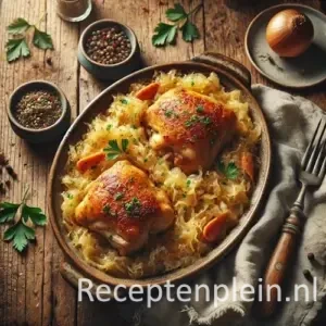 Kip met zuurkool op rustieke houten tafel
