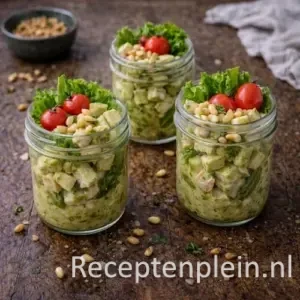 Kip pestococktail met asperges in glazen potjes op rustieke houten tafel