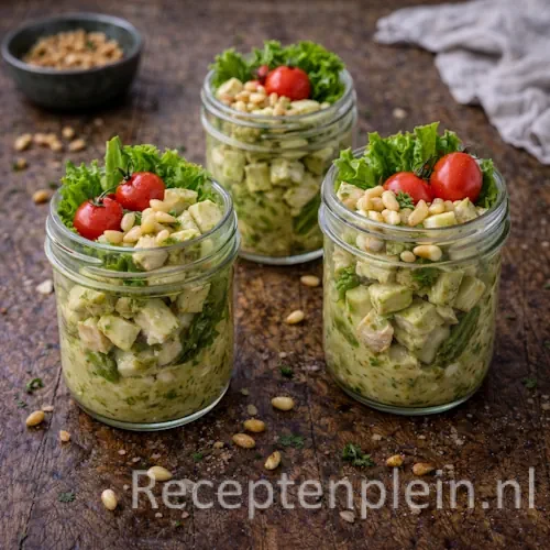 Kip pestococktail met asperges in glazen potjes op rustieke houten tafel