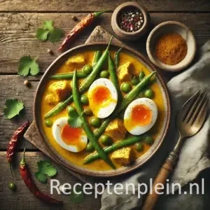 Kip sperziebonencurry met eieren op rustieke houten tafel 🍛🥚🌿
