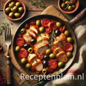 Kipfilet met olijven en chorizo op rustieke houten tafel