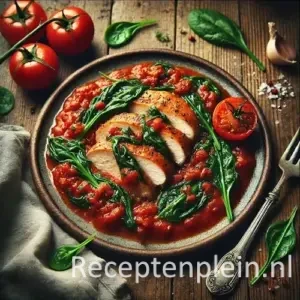 Kipfilet met tomaten-spinaziesaus op rustieke houten tafel