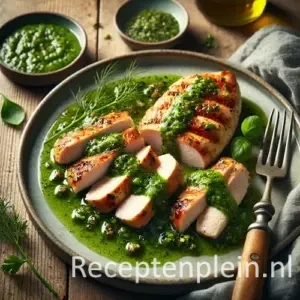 Kipfilet met verse kruidensaus op rustieke houten tafel