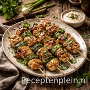 Kipfiletspiesjes met bosui op rustieke houten tafel
