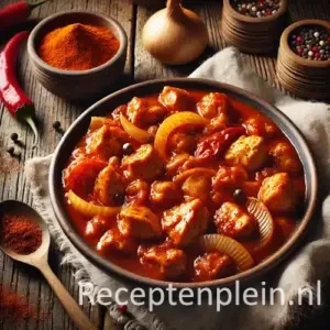 Kipgoulash 2 op rustieke houten tafel