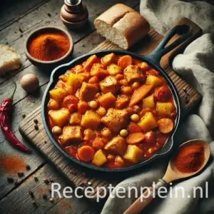 Kipgoulash op rustieke houten tafel
