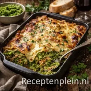 Kiplasagne met broccolipuree op rustieke houten tafel