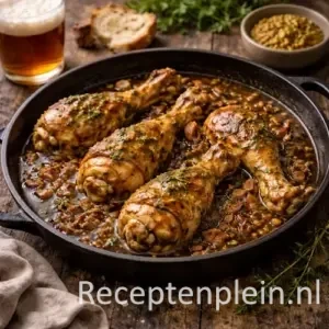 Kippenbout in biersaus op rustieke houten tafel