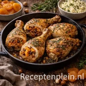 Kippenbout met abrikozenvulling op rustieke houten tafel