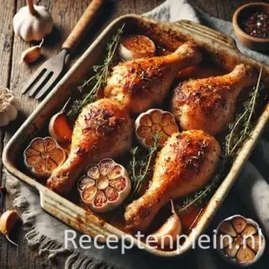 Kippenbouten met knoflook uit de oven op rustieke houten tafel