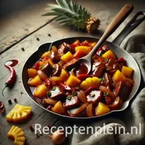 Kippenlevertjes in zoetzure saus op rustieke houten tafel