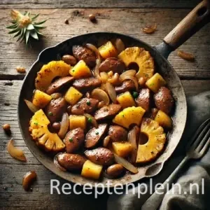 Kippenlevertjes met ananas op rustieke houten tafel