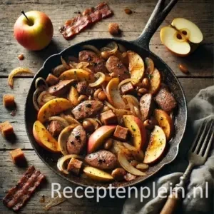 Kippenlevertjes met appel en katenspek op rustieke houten tafel