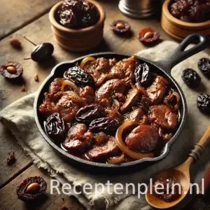 Kippenlevertjes met pruneaux on rustic wooden table