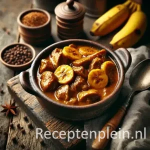 Kippenlevertjesstoofpot met kerrie en banaan on rustic wooden table