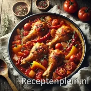 Kippenpootjes met tomaten-paprikasaus op rustieke houten tafel