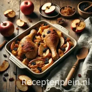 Kippenpoten gevuld met kip, rozijnen en appel op rustieke houten tafel