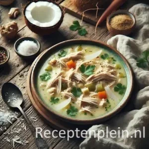 Kippensoep met kokos op rustieke houten tafel