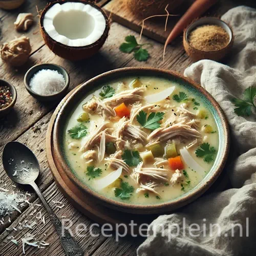 Kippensoep met kokos op rustieke houten tafel