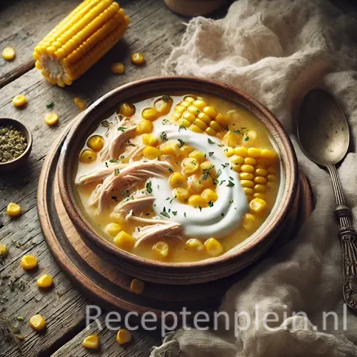 Kippensoep met maïs en yoghurt op rustieke houten tafel