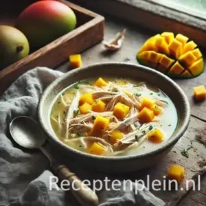 Kippensoep met mango op rustieke houten tafel