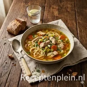 Kippensoep met mie op rustieke houten tafel