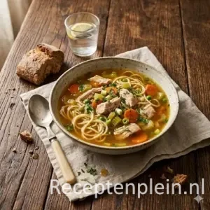 Kippensoep met noedels en groenten op rustieke houten tafel