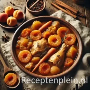 Kippenstoofpot met abrikozen op rustieke houten tafel