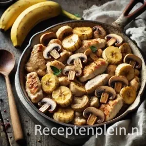 Kipreepjes met champignons en banaan op rustieke houten tafel