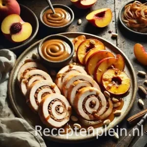 Kiprollade met kruidige vulling en geroosterde aardappeltjes op rustieke houten tafel.