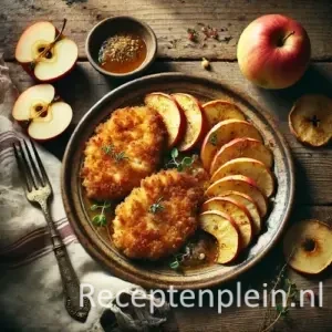 Kipschnitzels met gebakken appel op rustieke houten tafel