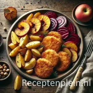 Kipschnitzels met roergebakken bietjes, aardappel en appel op rustieke houten tafel