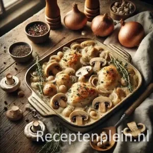 Kipschotel á la Bresse op rustieke houten tafel