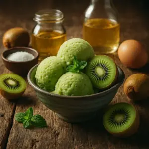 Sfeervolle presentatie van kiwi sorbet met verse ingrediënten, geserveerd op een robuuste houten tafel.