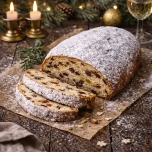 Ambachtelijk kerstbrood rijkelijk gevuld met rozijnen, krenten en sukade, royaal bestoven met poedersuiker, geserveerd op bakpapier in een warme kerstsfeer.