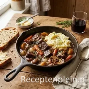 Klassieke Boeuf Bourguignon met romige aardappelpuree geserveerd in een gietijzeren pan op een rustieke houten tafel bij natuurlijk licht.