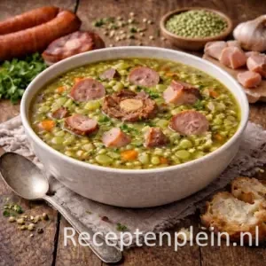 Goed gevulde kom klassieke erwtensoep met plakjes rookworst, blokjes ham, spliterwten, wortel en prei, geserveerd op een rustieke houten tafel met droge erwten, knoflook, brood en een linnen doek bij warm natuurlijk licht.