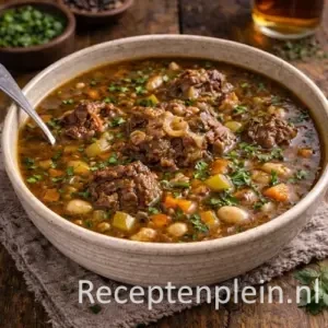 Klassieke huisgemaakte ossenstaartsoep met sherry in een kom op een rustieke houten tafel, uitgezoomd met groenten, witte bonen en verse kruiden ernaast