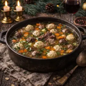 Rustieke gietijzeren pan met dampende kerstsoep gevuld met runderschenkel, vlees- en visballetjes, wortel en kruiden, omringd door kaarslicht, dennengroen en een glas rode wijn.