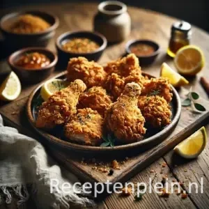 Knapperige kip op rustieke houten tafel
