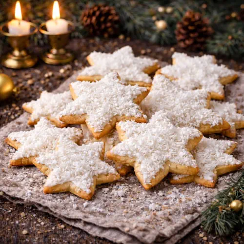 Kerstkoekjes in de vorm van sterren met kokos en witte glazuur op een rustieke houten ondergrond met kaarslicht en dennen decoratie.